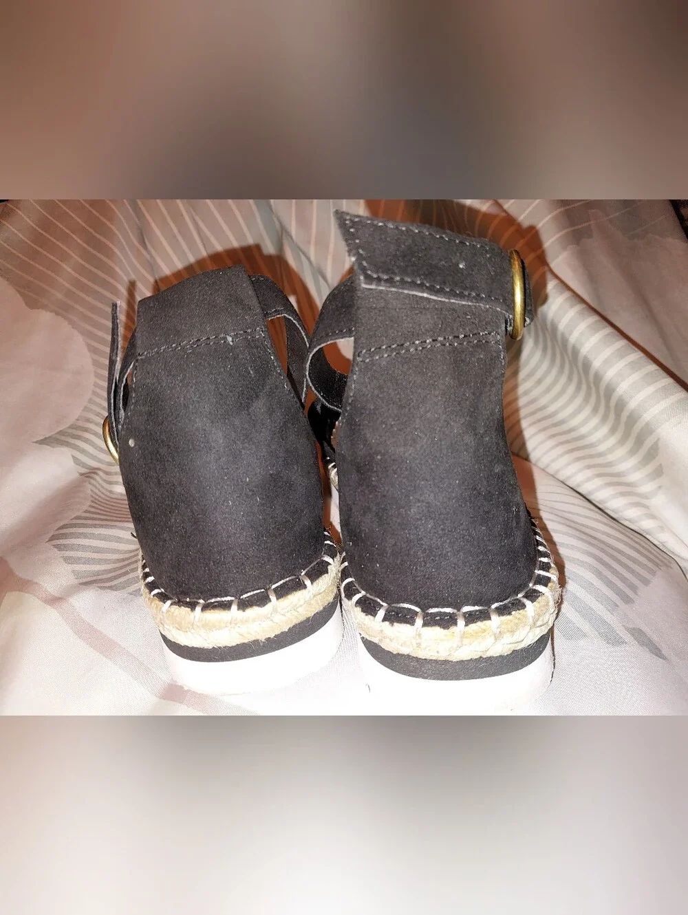 Time and Tru Black Ankle-Strap Espadrille Sandals with Gold Accent 11